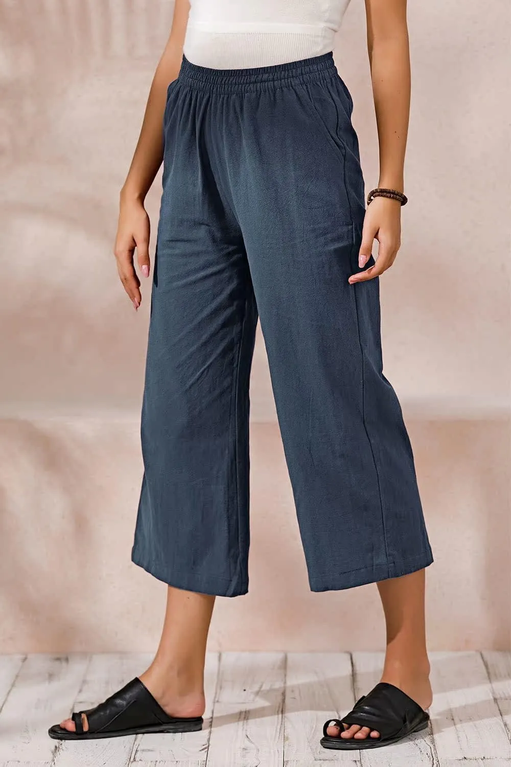 ECUPPER Womens Cotton Cropped Pants Loose Fit Wide Leg Capri Casual Plus Size Elastic Waist Trousers