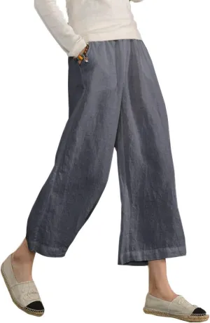 ECUPPER Womens Cotton Cropped Pants Loose Fit Wide Leg Capri Casual Plus Size Elastic Waist Trousers