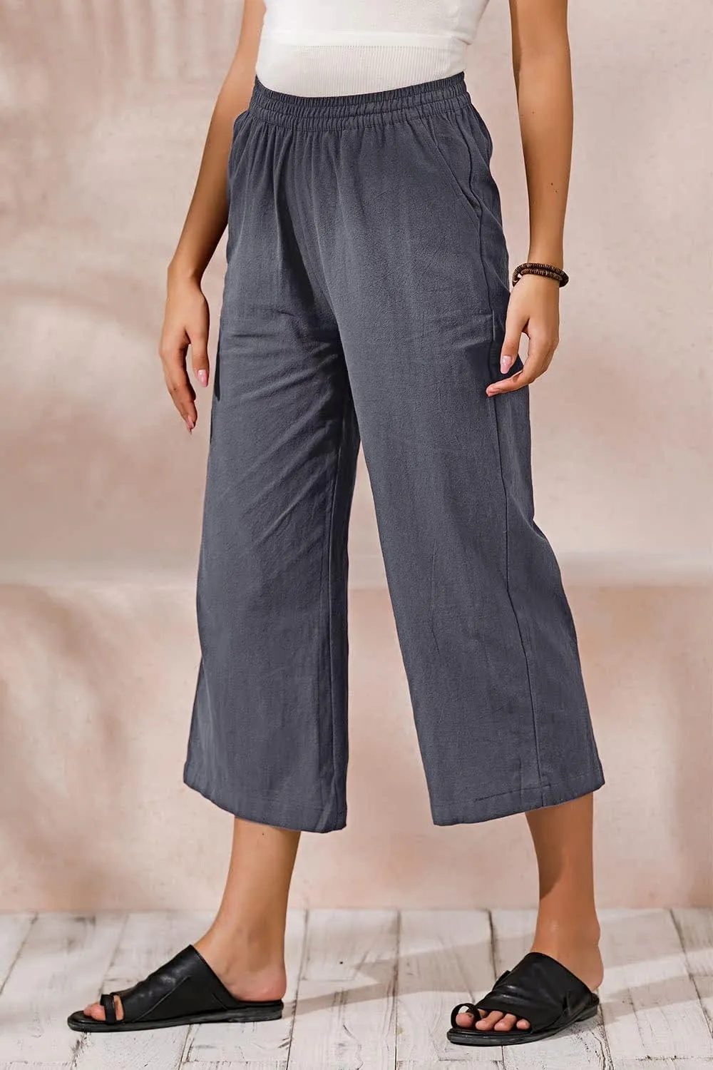 ECUPPER Womens Cotton Cropped Pants Loose Fit Wide Leg Capri Casual Plus Size Elastic Waist Trousers