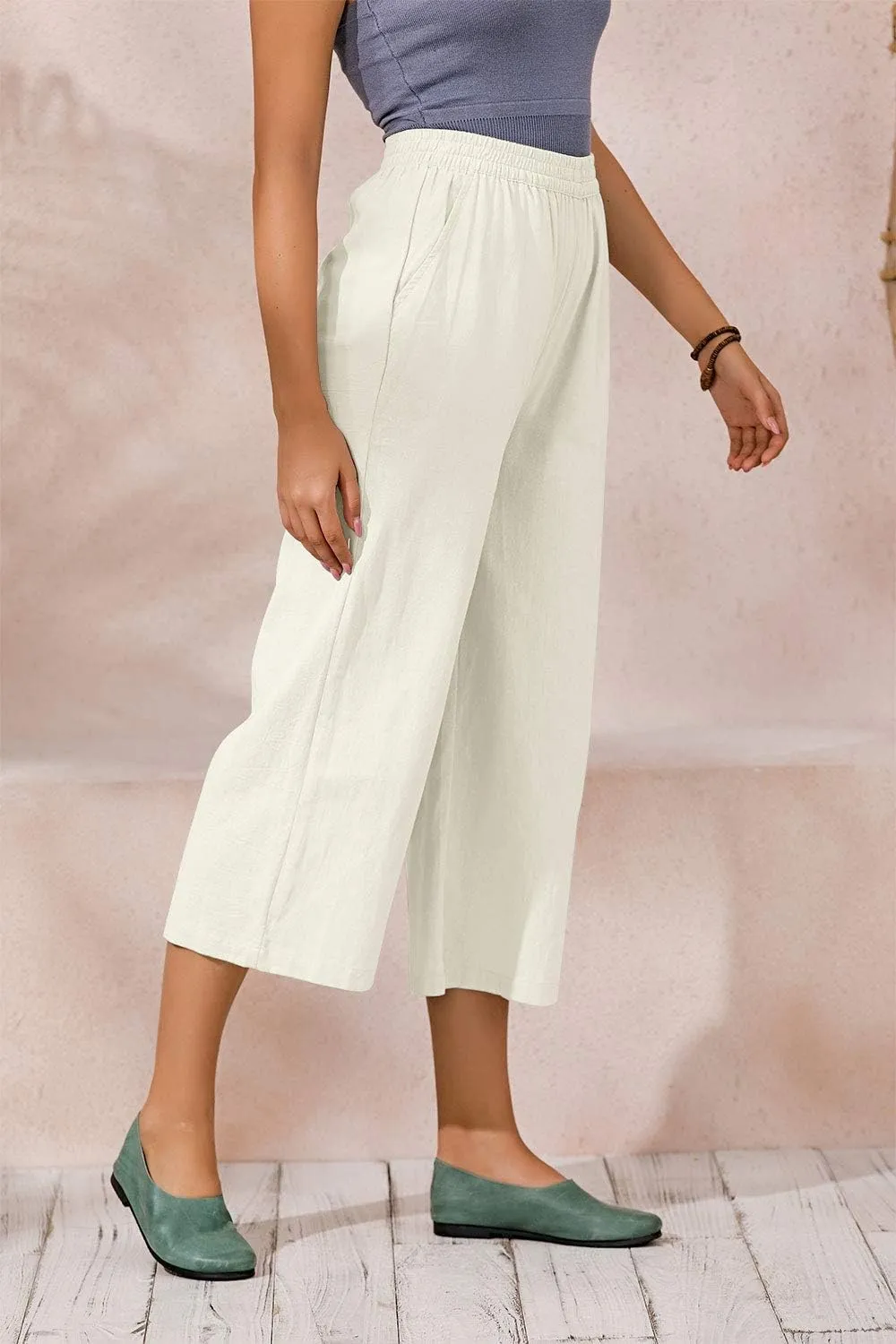 ECUPPER Womens Cotton Cropped Pants Loose Fit Wide Leg Capri Casual Plus Size Elastic Waist Trousers