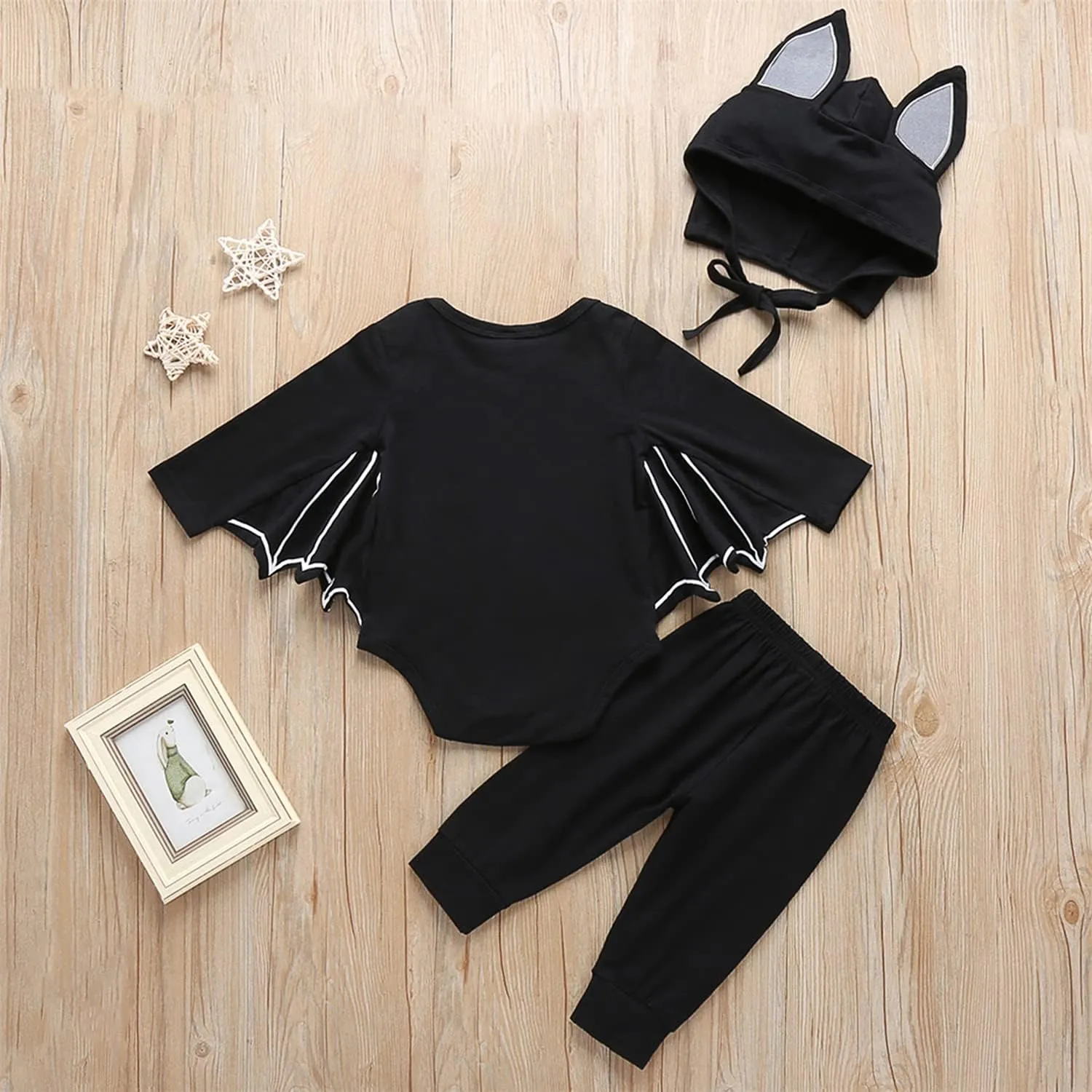 FANCYINN Infant Baby Black Bat Costumes Cloak Romper with Cartoon Bat Hat Halloween Bat Romper & Pants & Hat 3pcs