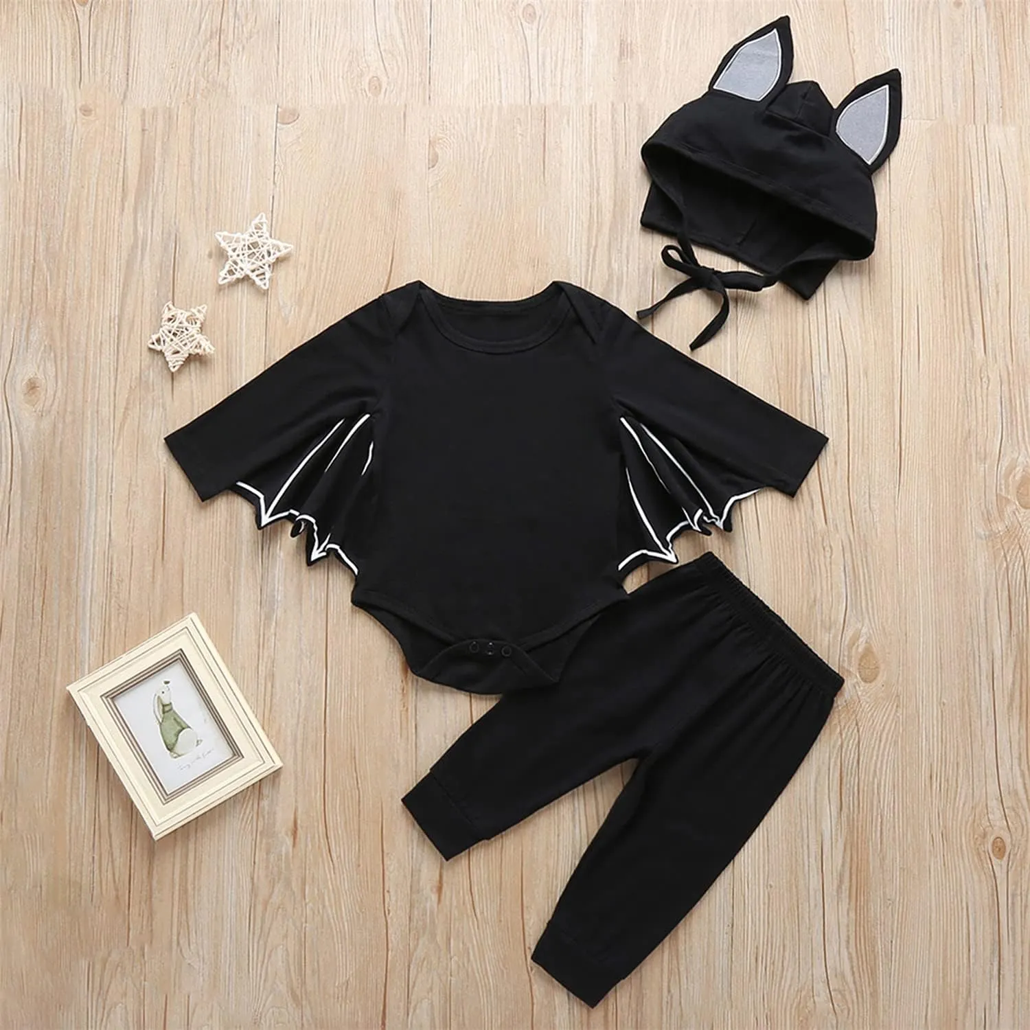 FANCYINN Infant Baby Black Bat Costumes Cloak Romper with Cartoon Bat Hat Halloween Bat Romper & Pants & Hat 3pcs