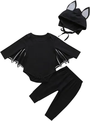 FANCYINN Infant Baby Black Bat Costumes Cloak Romper with Cartoon Bat Hat Halloween Bat Romper & Pants & Hat 3pcs
