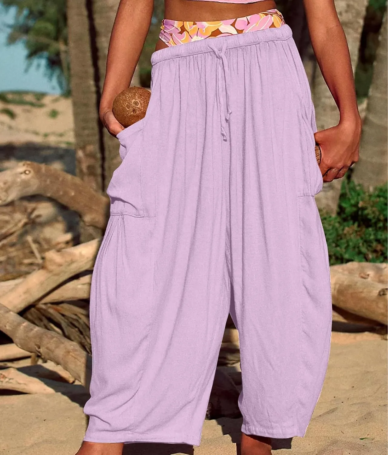 fanmpghleoo Women Linen Palazzo Pants Summer Boho Drawstring Low Waist Beach Harem Pants Casual Wide Leg Lounge Pant Trousers