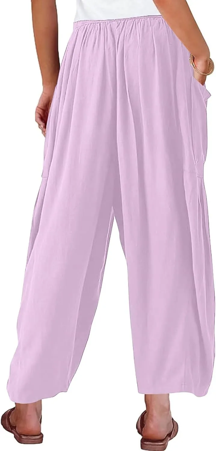fanmpghleoo Women Linen Palazzo Pants Summer Boho Drawstring Low Waist Beach Harem Pants Casual Wide Leg Lounge Pant Trousers