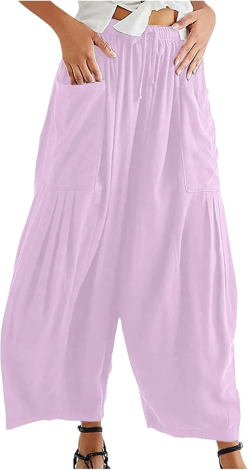 fanmpghleoo Women Linen Palazzo Pants Summer Boho Drawstring Low Waist Beach Harem Pants Casual Wide Leg Lounge Pant Trousers