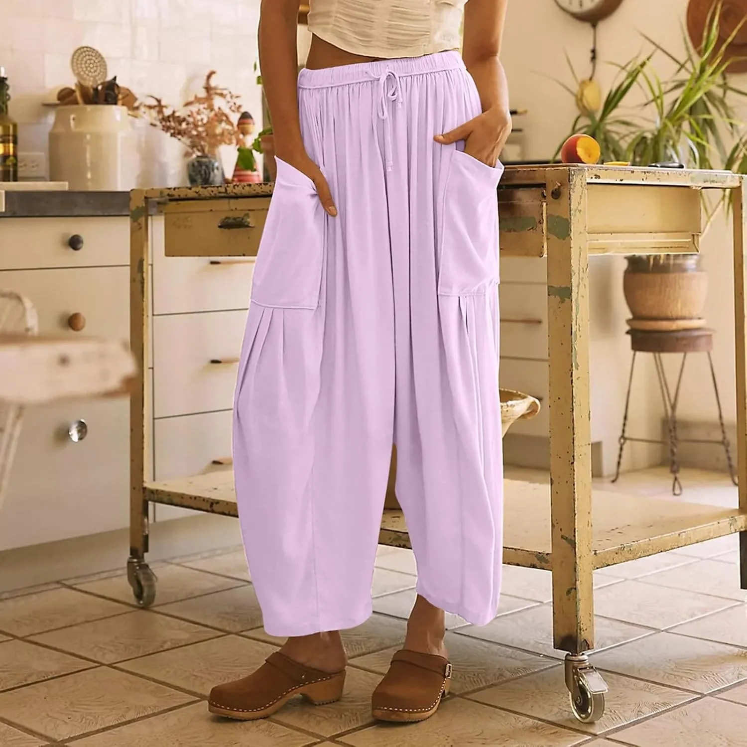 fanmpghleoo Women Linen Palazzo Pants Summer Boho Drawstring Low Waist Beach Harem Pants Casual Wide Leg Lounge Pant Trousers