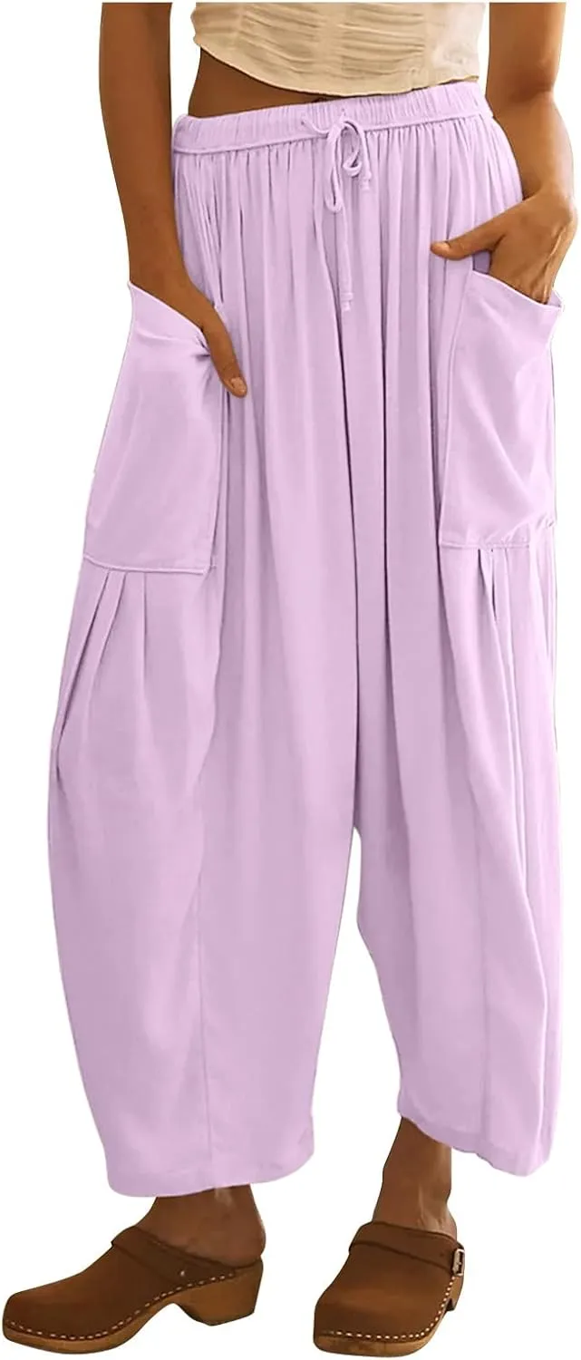 fanmpghleoo Women Linen Palazzo Pants Summer Boho Drawstring Low Waist Beach Harem Pants Casual Wide Leg Lounge Pant Trousers