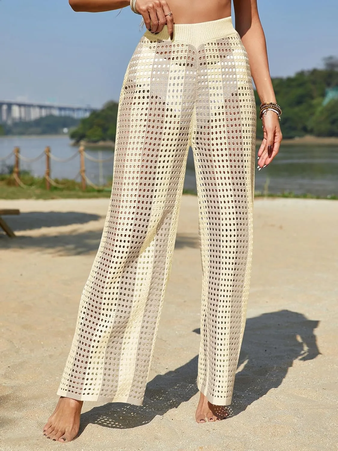 Fisoew Womens Crochet Cover Up Pants Striped High Waisted Sexy Sheer Mesh Knit Summer Beach Swimsuit Coverup Pants