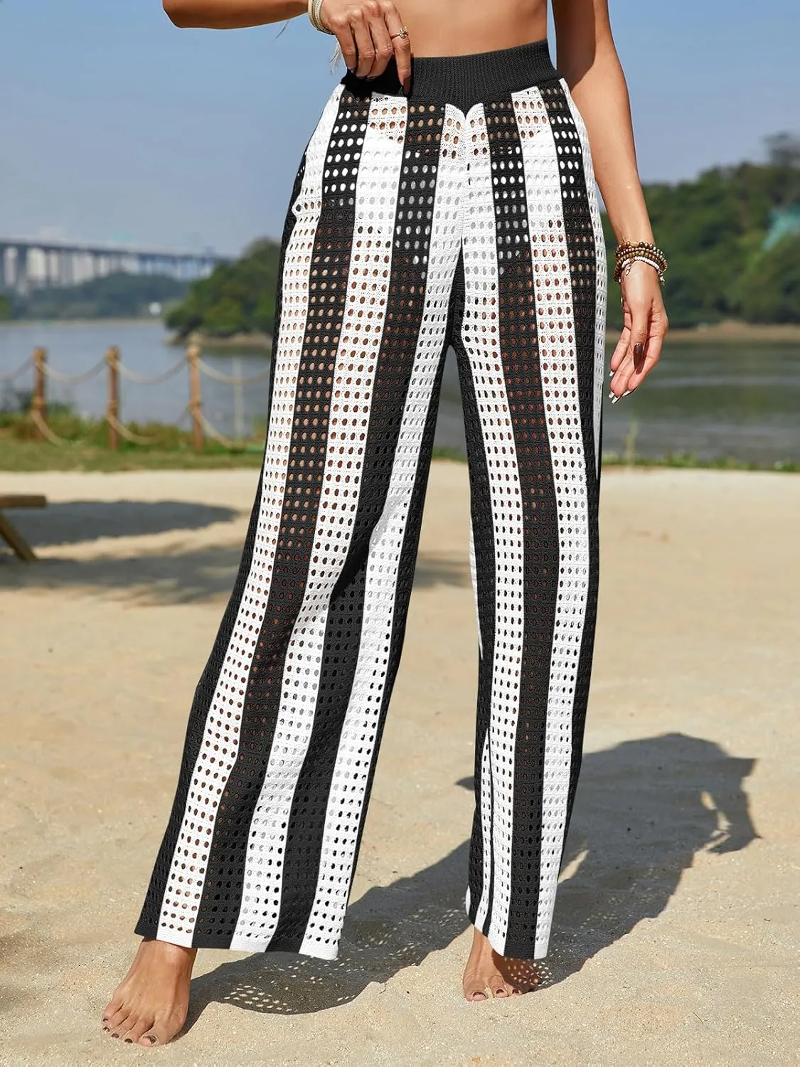 Fisoew Womens Crochet Cover Up Pants Striped High Waisted Sexy Sheer Mesh Knit Summer Beach Swimsuit Coverup Pants