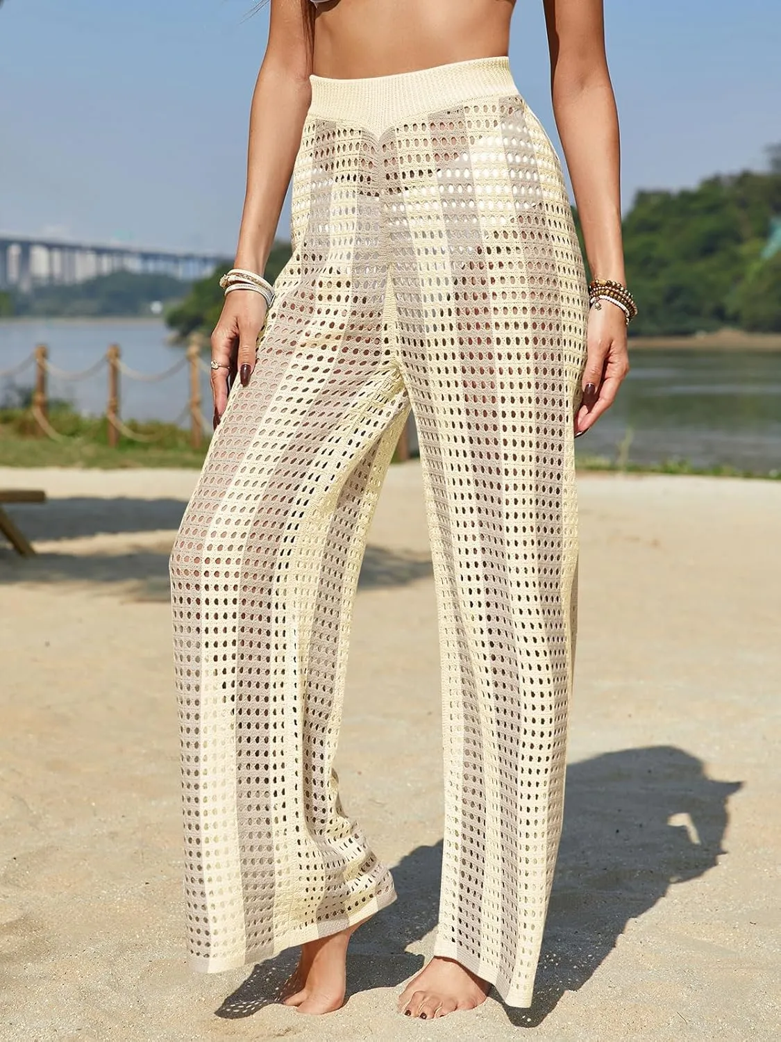 Fisoew Womens Crochet Cover Up Pants Striped High Waisted Sexy Sheer Mesh Knit Summer Beach Swimsuit Coverup Pants
