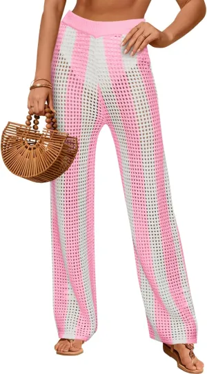 Fisoew Womens Crochet Cover Up Pants Striped High Waisted Sexy Sheer Mesh Knit Summer Beach Swimsuit Coverup Pants