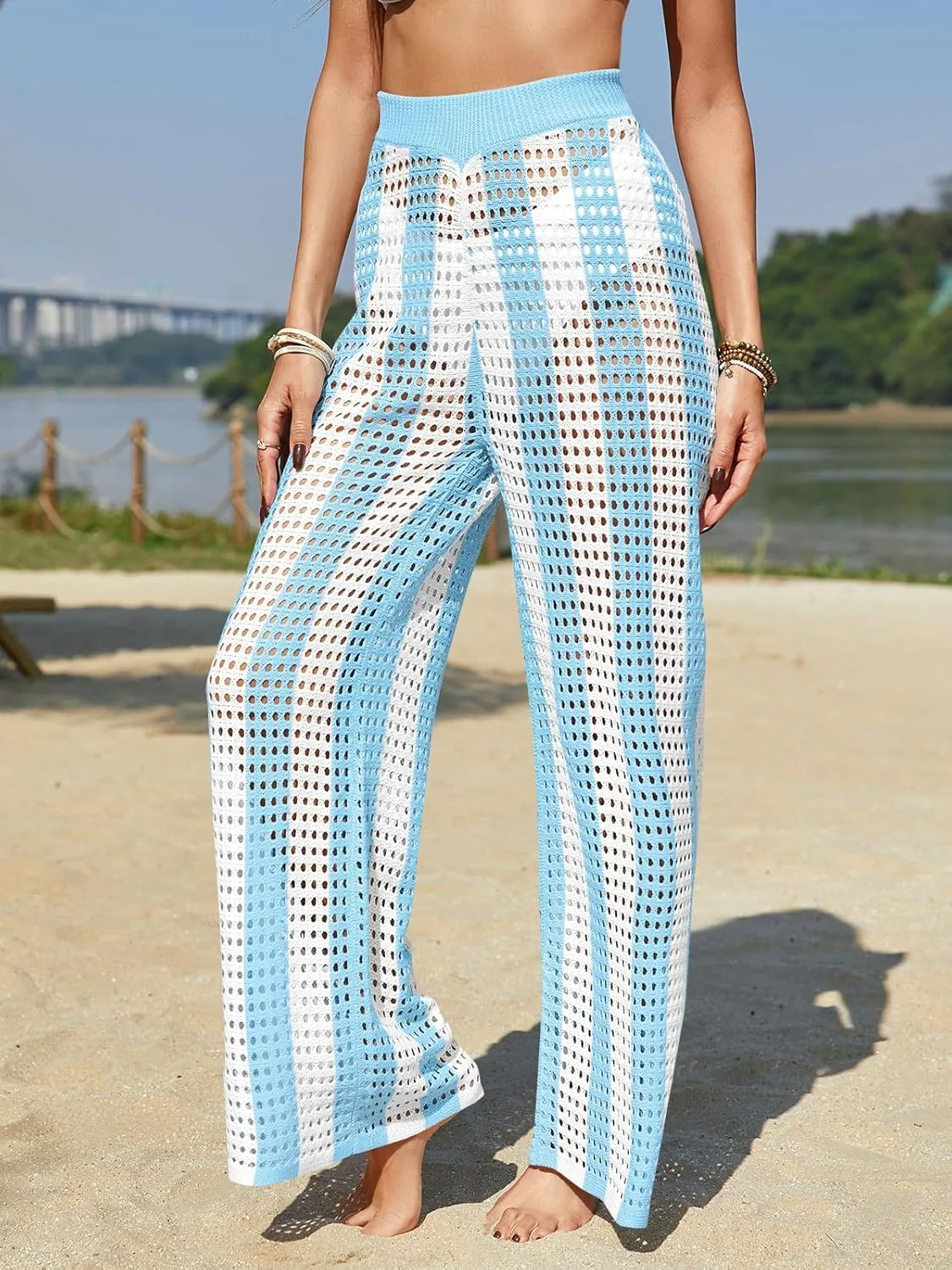 Fisoew Womens Crochet Cover Up Pants Striped High Waisted Sexy Sheer Mesh Knit Summer Beach Swimsuit Coverup Pants