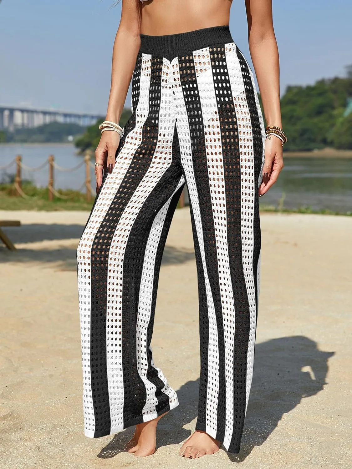 Fisoew Womens Crochet Cover Up Pants Striped High Waisted Sexy Sheer Mesh Knit Summer Beach Swimsuit Coverup Pants