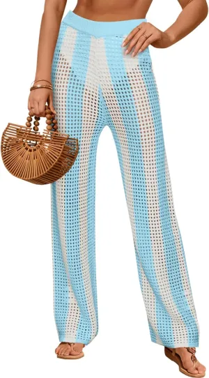 Fisoew Womens Crochet Cover Up Pants Striped High Waisted Sexy Sheer Mesh Knit Summer Beach Swimsuit Coverup Pants