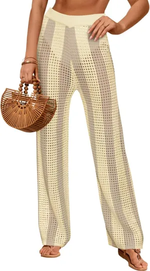 Fisoew Womens Crochet Cover Up Pants Striped High Waisted Sexy Sheer Mesh Knit Summer Beach Swimsuit Coverup Pants