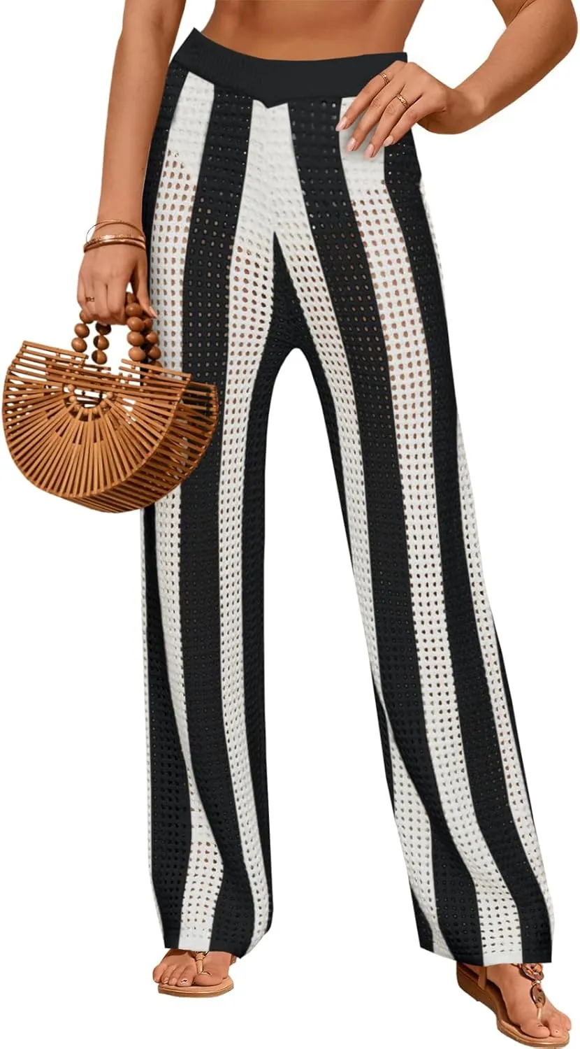 Fisoew Womens Crochet Cover Up Pants Striped High Waisted Sexy Sheer Mesh Knit Summer Beach Swimsuit Coverup Pants