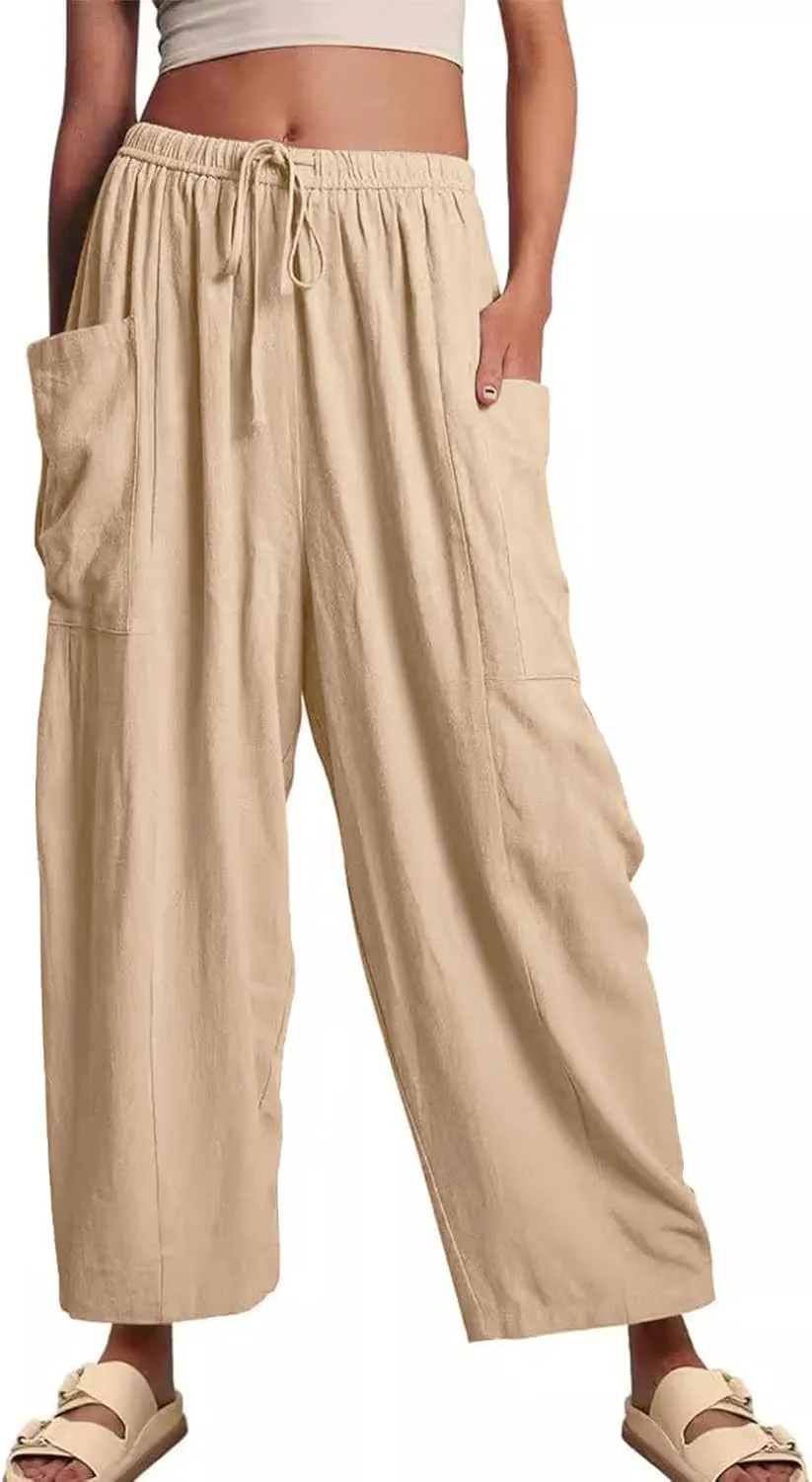 Flygo Women's Wide Leg Pants Summer Casual Loose Fit Beach Palazzo Harem Pants with Pockets(LightKhaki-M)