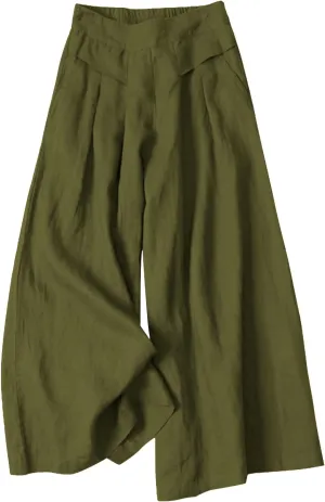 Gihuo Women' s Culottes Linen Blend Wide Leg Pants Elastic Waist Casual Palazzo Trousers with Pockets Capris
