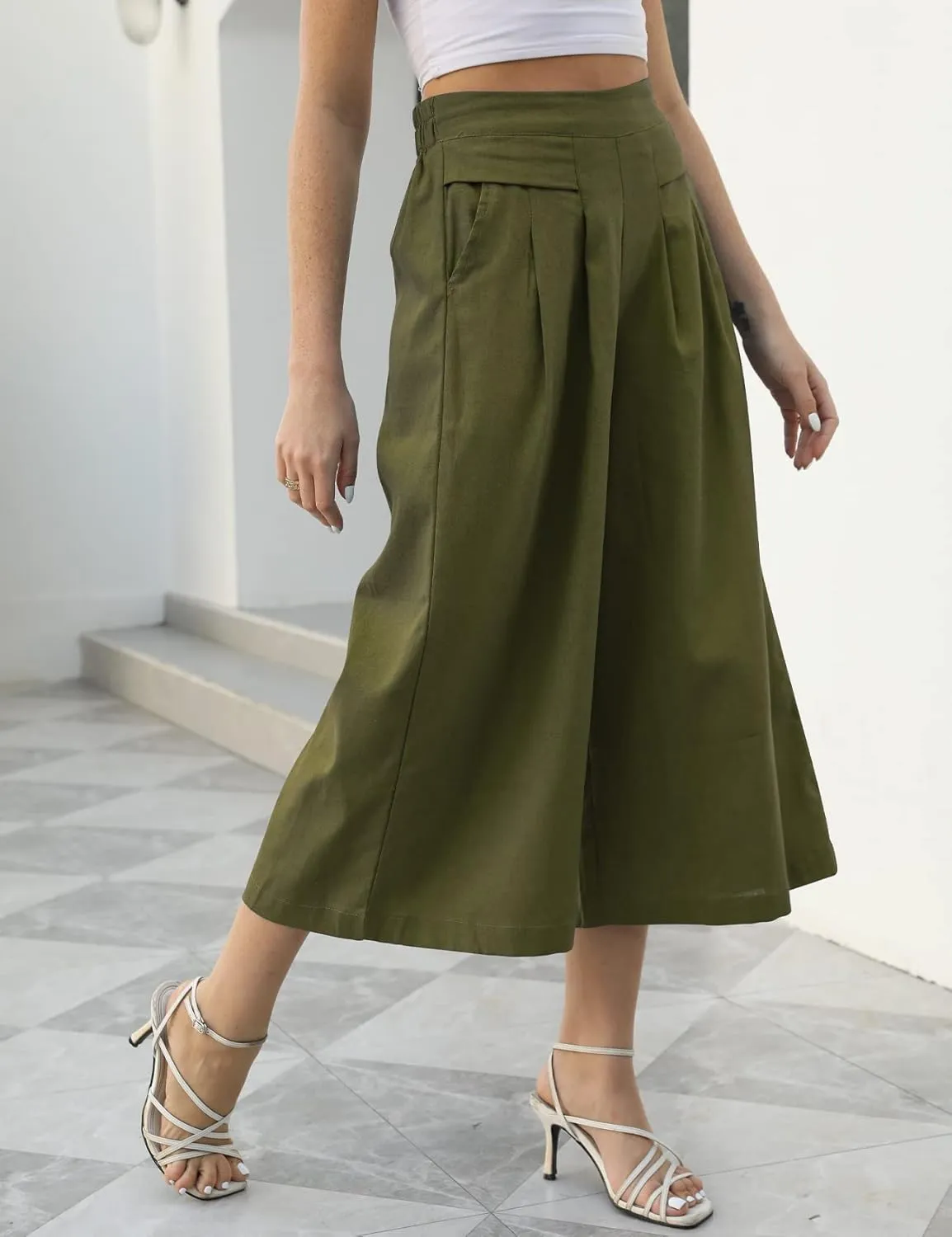Gihuo Women' s Culottes Linen Blend Wide Leg Pants Elastic Waist Casual Palazzo Trousers with Pockets Capris