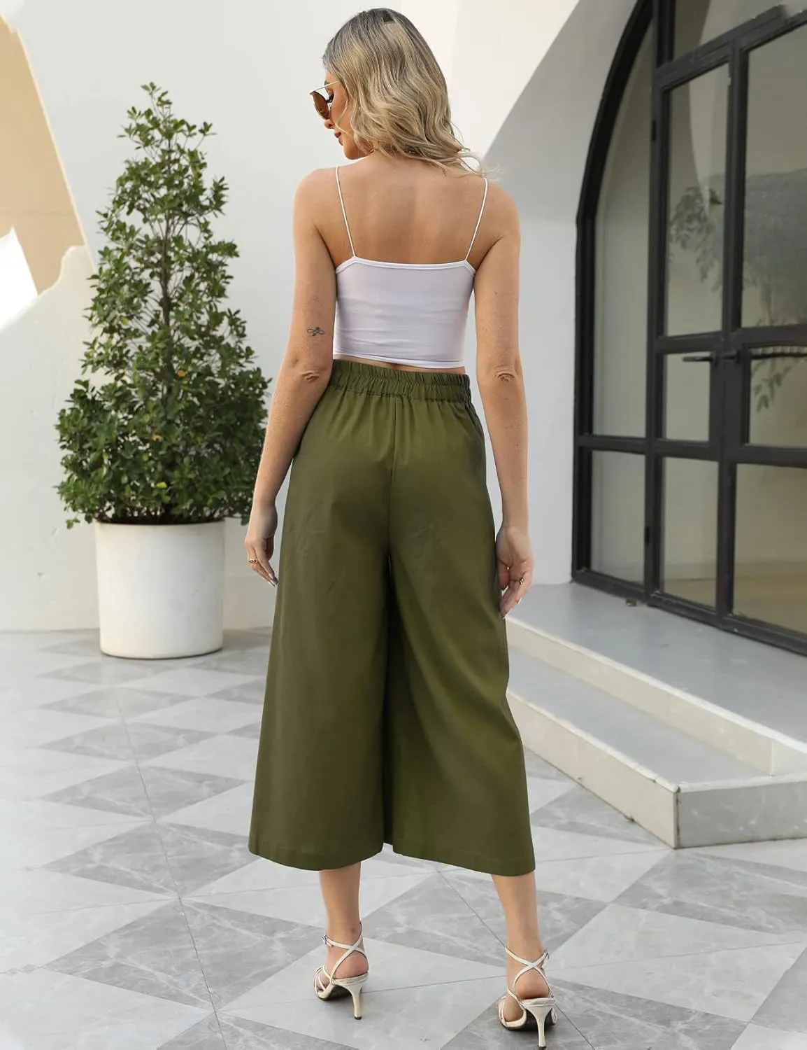 Gihuo Women' s Culottes Linen Blend Wide Leg Pants Elastic Waist Casual Palazzo Trousers with Pockets Capris