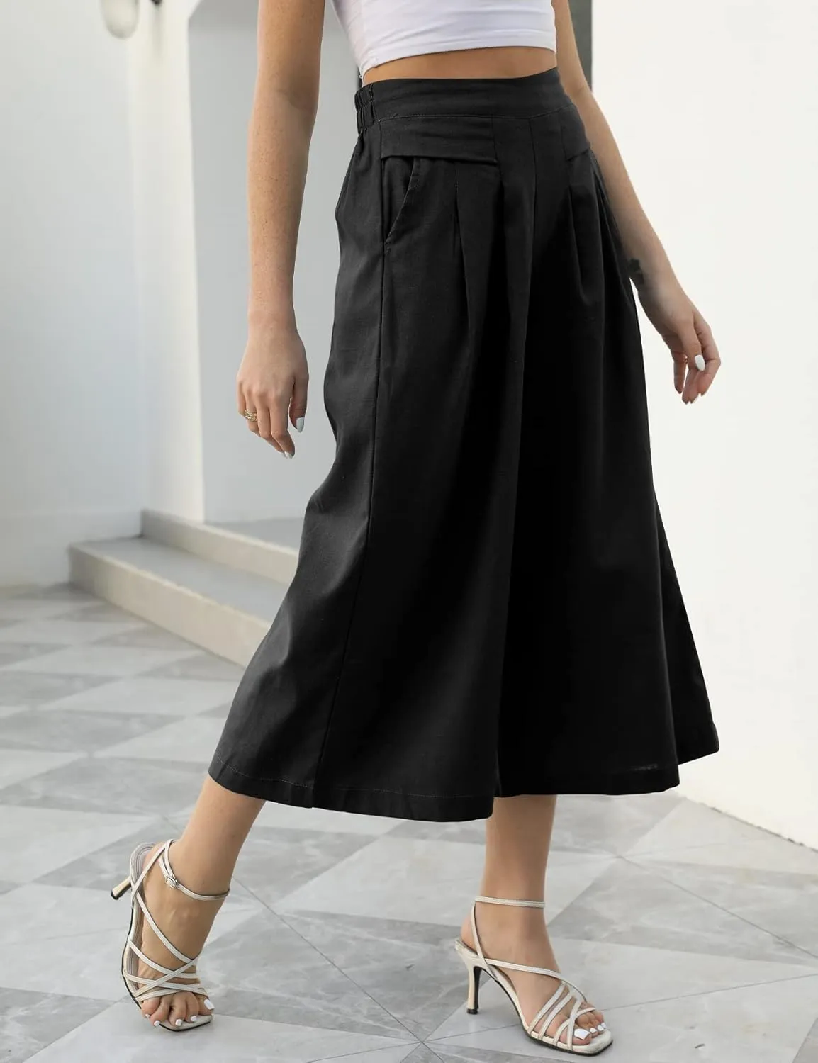 Gihuo Women' s Culottes Linen Blend Wide Leg Pants Elastic Waist Casual Palazzo Trousers with Pockets Capris