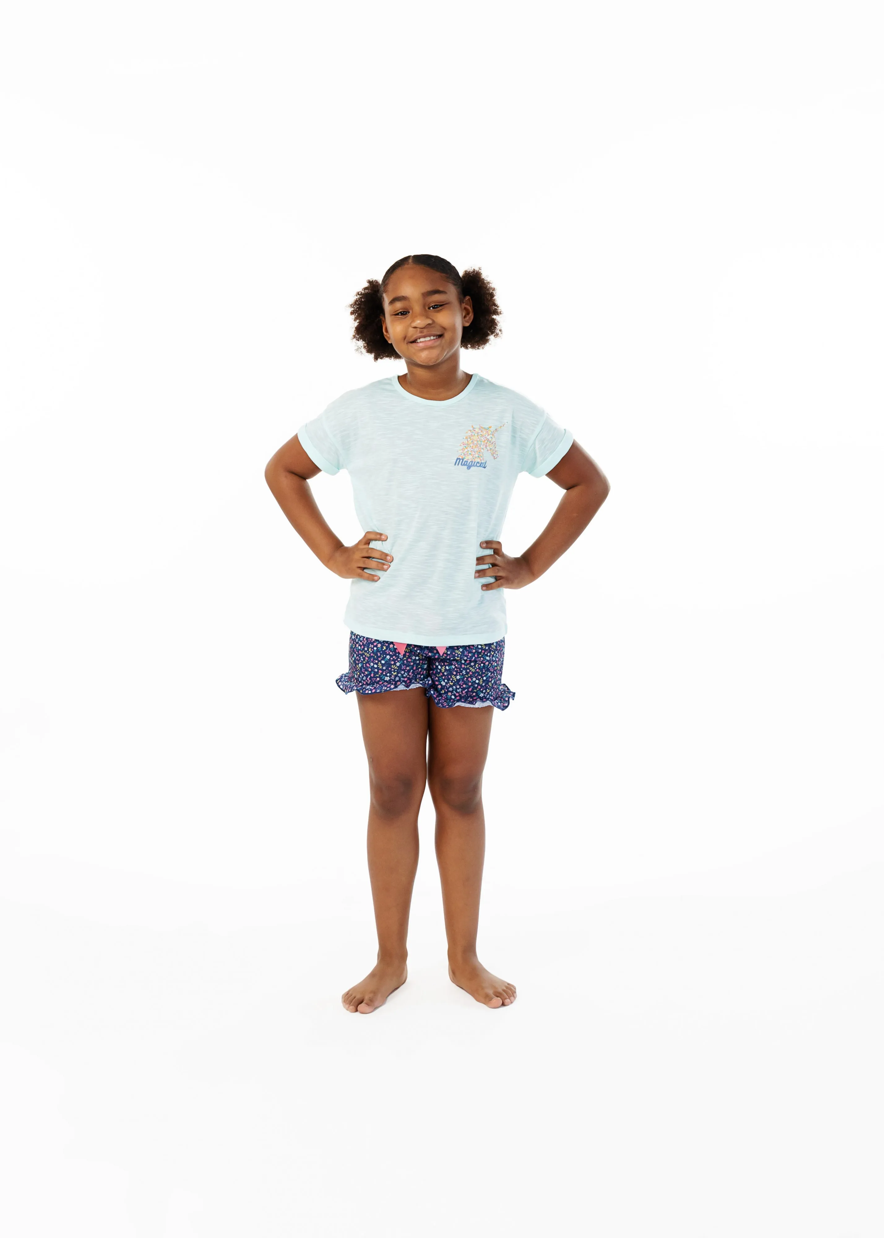 Girls Unicorn Florals 2-Piece Pajama Shorts Sleep Set