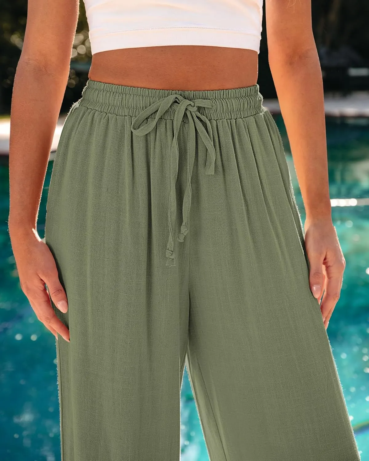 GRAPENT Wide Leg Pants Woman Linen High Waisted Pull On Flowy Casual Baggy Drawstring Palazzo Trousers Pants Resort Wear