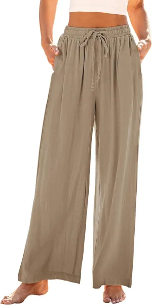 GRAPENT Wide Leg Pants Woman Linen High Waisted Pull On Flowy Casual Baggy Drawstring Palazzo Trousers Pants Resort Wear