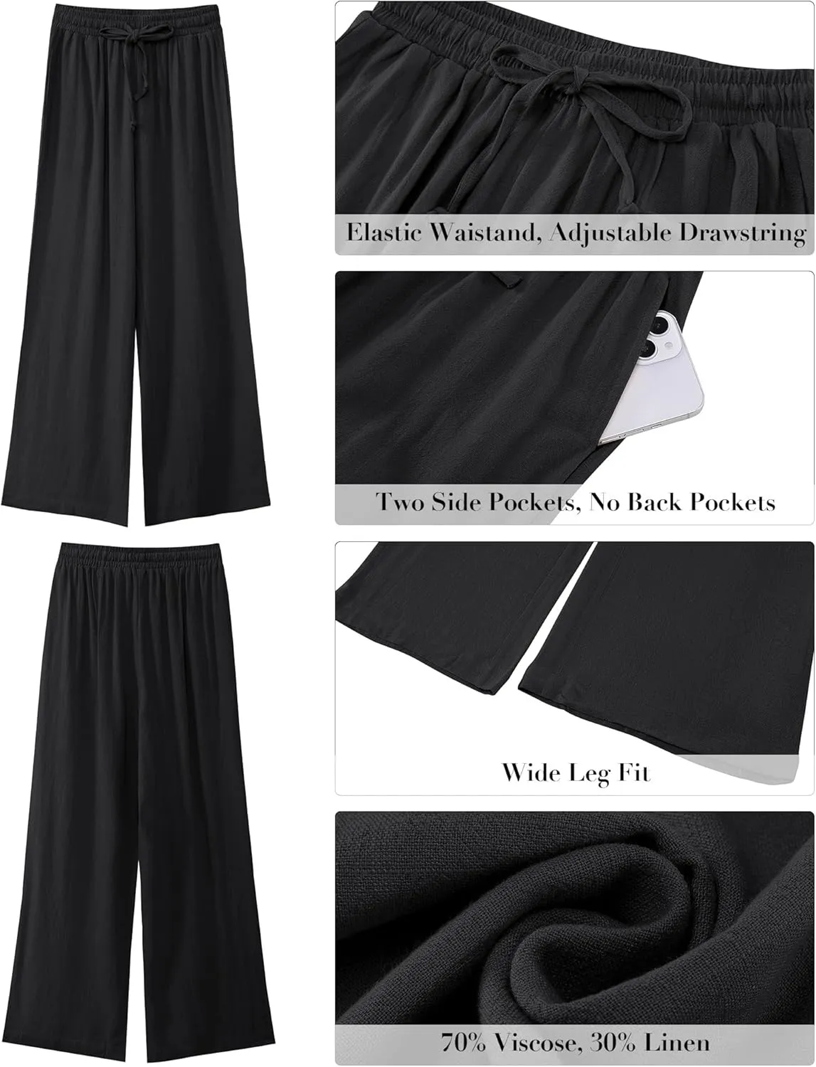 GRAPENT Wide Leg Pants Woman Linen High Waisted Pull On Flowy Casual Baggy Drawstring Palazzo Trousers Pants Resort Wear