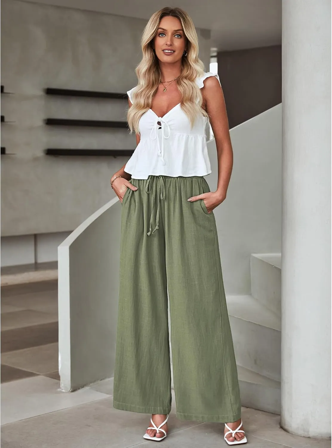 GRAPENT Wide Leg Pants Woman Linen High Waisted Pull On Flowy Casual Baggy Drawstring Palazzo Trousers Pants Resort Wear