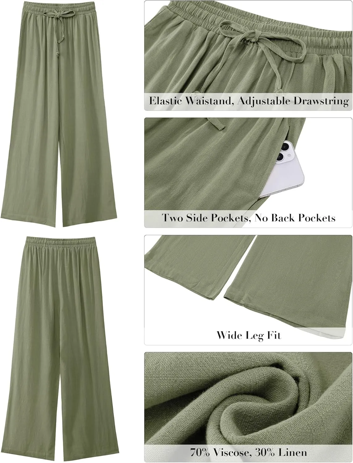 GRAPENT Wide Leg Pants Woman Linen High Waisted Pull On Flowy Casual Baggy Drawstring Palazzo Trousers Pants Resort Wear