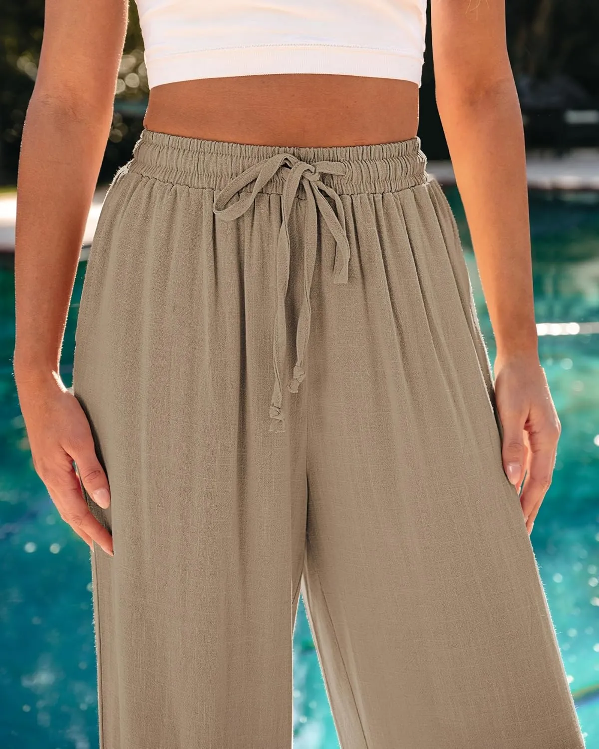 GRAPENT Wide Leg Pants Woman Linen High Waisted Pull On Flowy Casual Baggy Drawstring Palazzo Trousers Pants Resort Wear