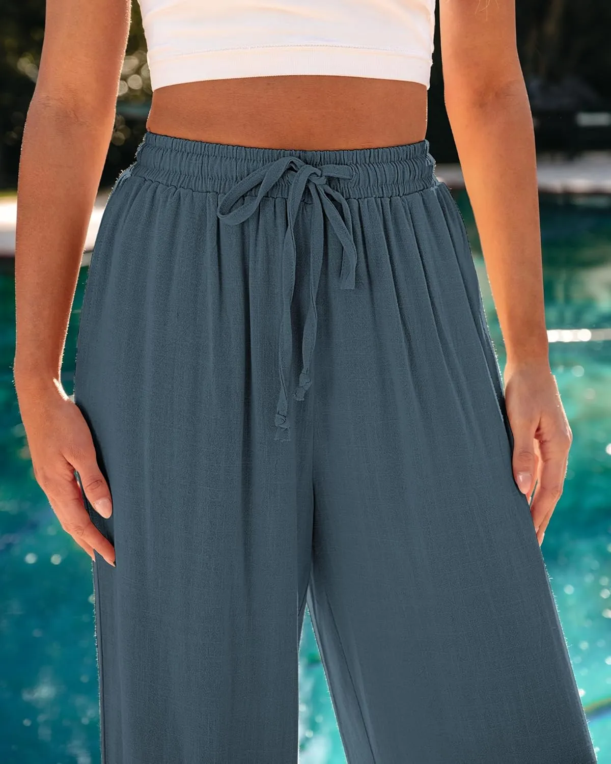 GRAPENT Wide Leg Pants Woman Linen High Waisted Pull On Flowy Casual Baggy Drawstring Palazzo Trousers Pants Resort Wear