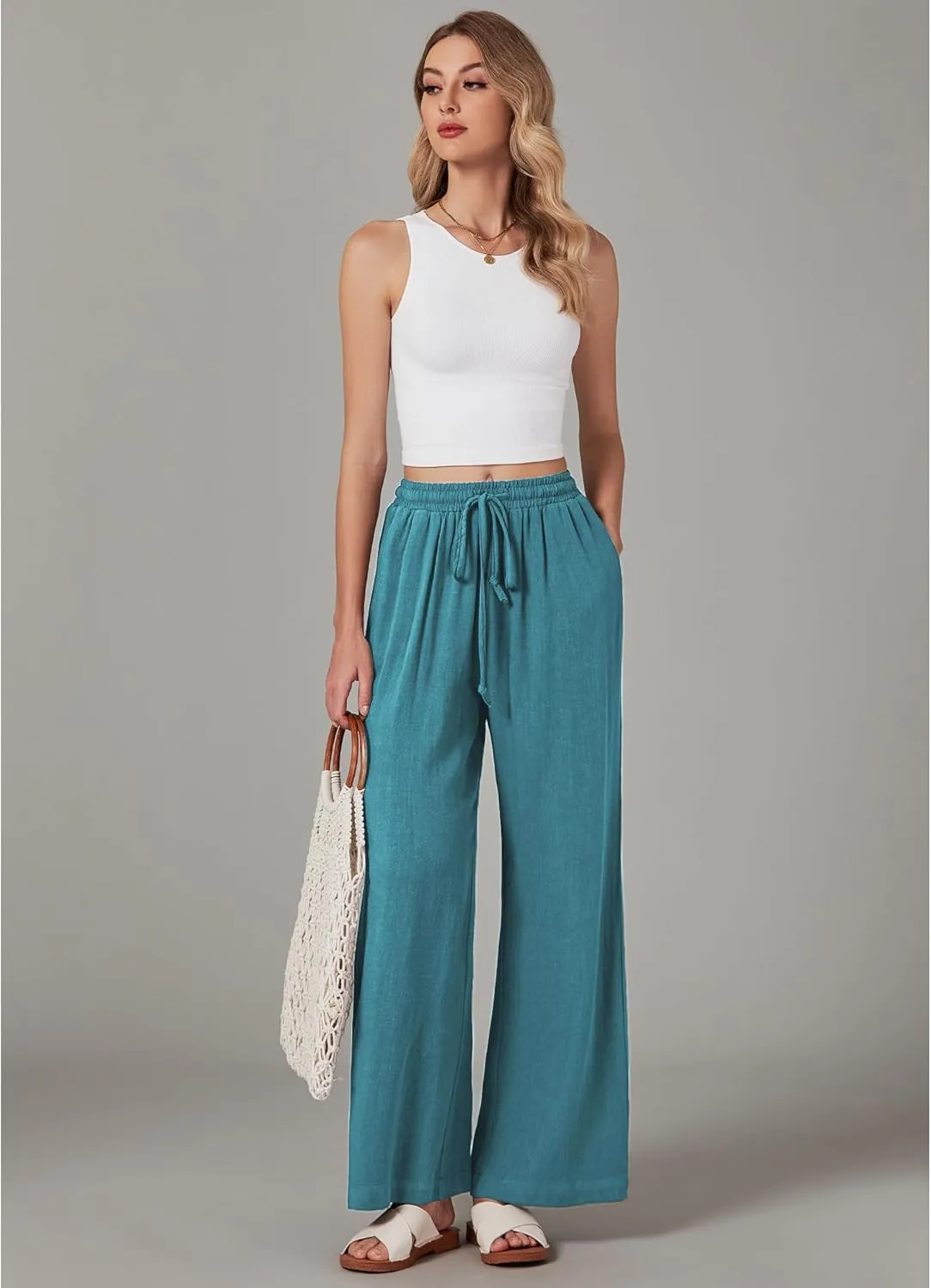 GRAPENT Wide Leg Pants Woman Linen High Waisted Pull On Flowy Casual Baggy Drawstring Palazzo Trousers Pants Resort Wear
