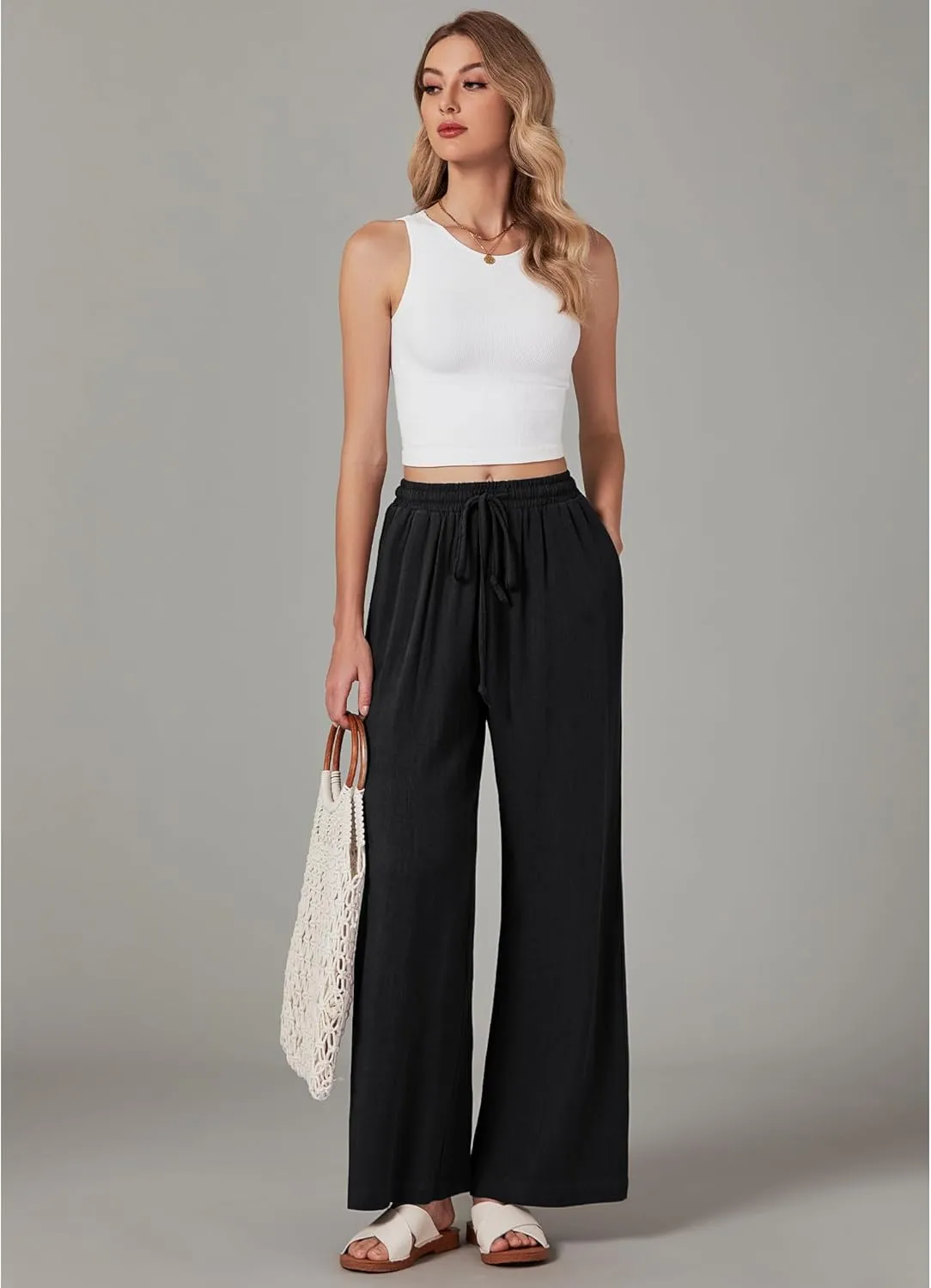GRAPENT Wide Leg Pants Woman Linen High Waisted Pull On Flowy Casual Baggy Drawstring Palazzo Trousers Pants Resort Wear