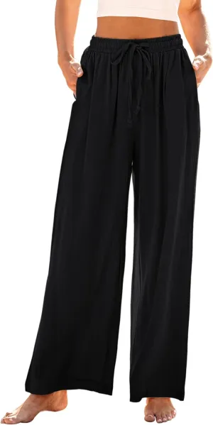 GRAPENT Wide Leg Pants Woman Linen High Waisted Pull On Flowy Casual Baggy Drawstring Palazzo Trousers Pants Resort Wear
