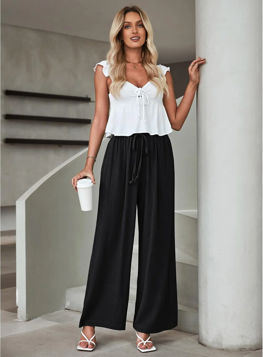 GRAPENT Wide Leg Pants Woman Linen High Waisted Pull On Flowy Casual Baggy Drawstring Palazzo Trousers Pants Resort Wear