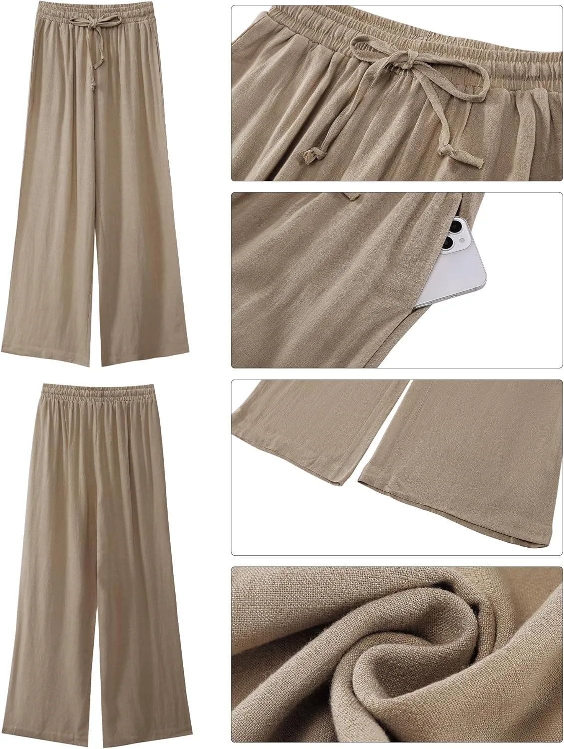 GRAPENT Wide Leg Pants Woman Linen High Waisted Pull On Flowy Casual Baggy Drawstring Palazzo Trousers Pants Resort Wear