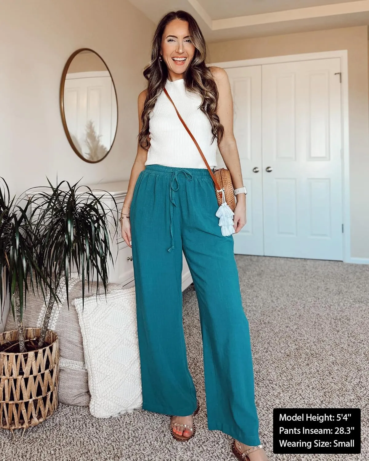GRAPENT Wide Leg Pants Woman Linen High Waisted Pull On Flowy Casual Baggy Drawstring Palazzo Trousers Pants Resort Wear