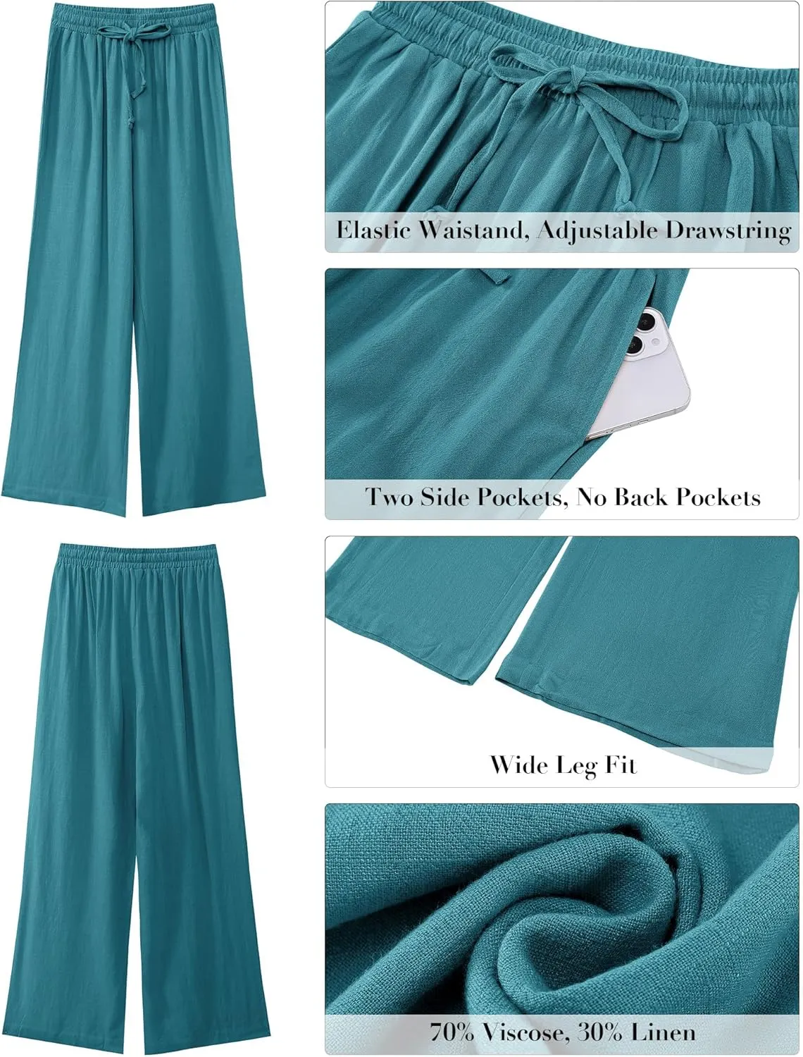 GRAPENT Wide Leg Pants Woman Linen High Waisted Pull On Flowy Casual Baggy Drawstring Palazzo Trousers Pants Resort Wear