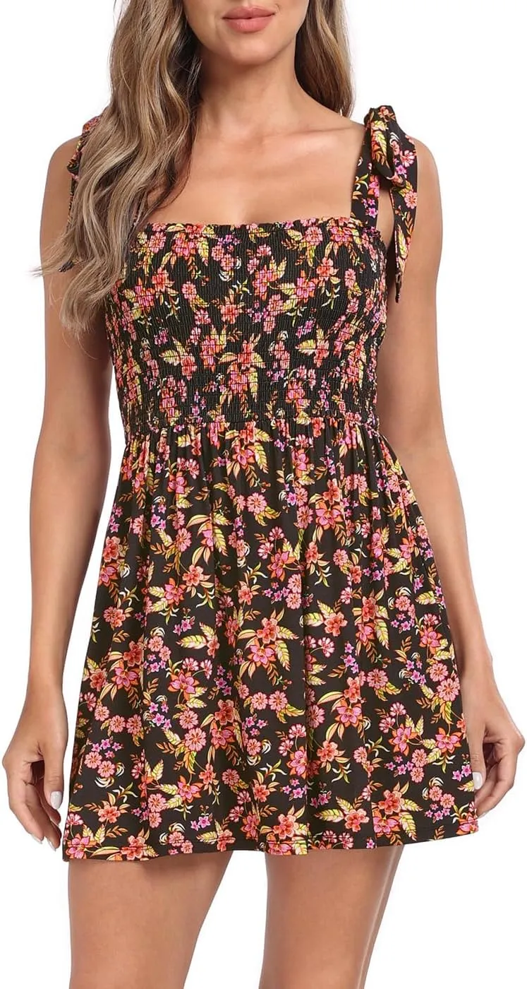 HDE Women's Romper Dress with Built in Shorts Summer Smocked Mini Sundress