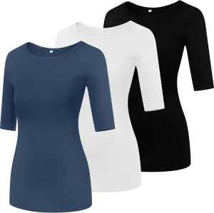 Huukeay 3 Pack Women's Half Sleeve T Shirt 1/2 Sleeve T Shirt Tops Womens Basic Round Neck Slim Fit Stretchy Tees