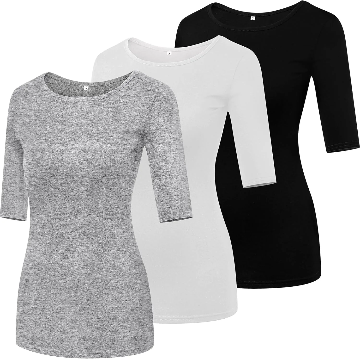 Huukeay 3 Pack Women's Half Sleeve T Shirt 1/2 Sleeve T Shirt Tops Womens Basic Round Neck Slim Fit Stretchy Tees