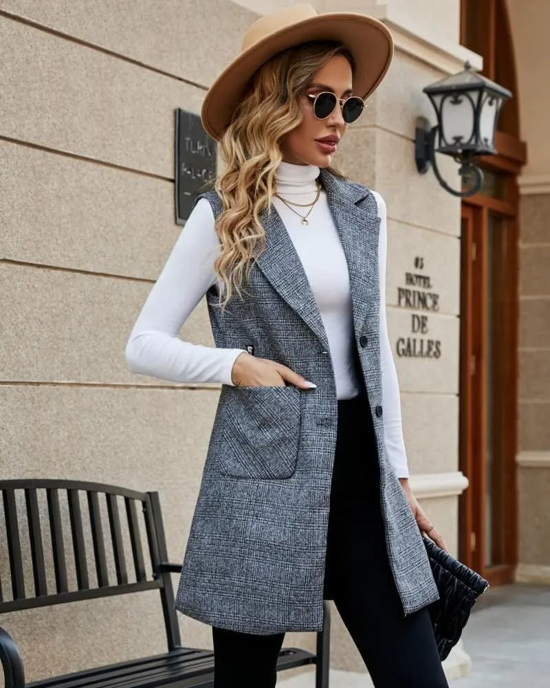 Kedera Women's Single Breasted Long Vest Jacket Casual Sleeveless Pocket Outerwear Longline Trench Coat