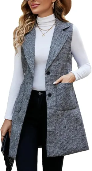 Kedera Women's Single Breasted Long Vest Jacket Casual Sleeveless Pocket Outerwear Longline Trench Coat