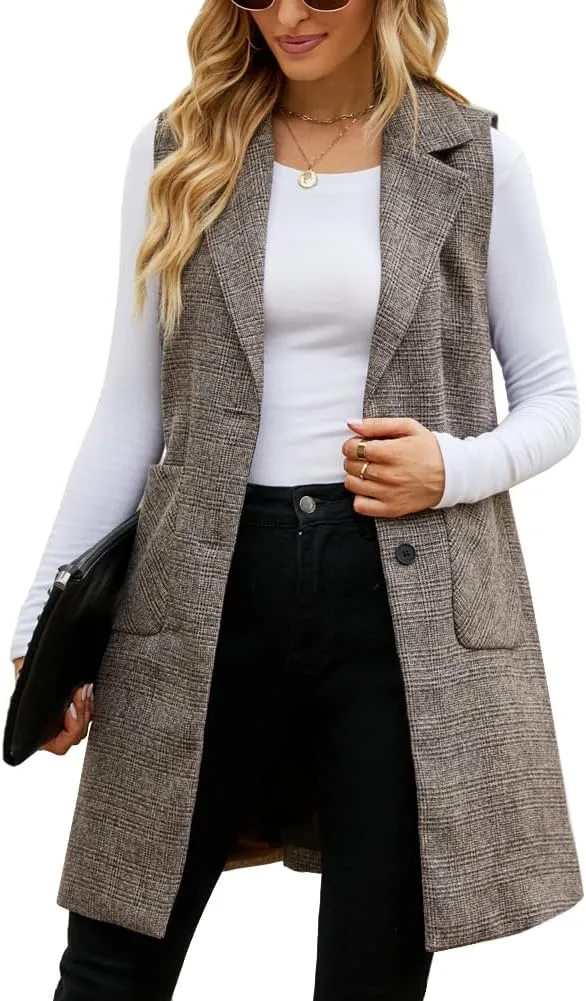 Kedera Women's Single Breasted Long Vest Jacket Casual Sleeveless Pocket Outerwear Longline Trench Coat