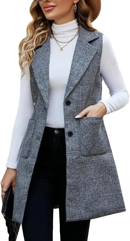 Kedera Women's Single Breasted Long Vest Jacket Casual Sleeveless Pocket Outerwear Longline Trench Coat