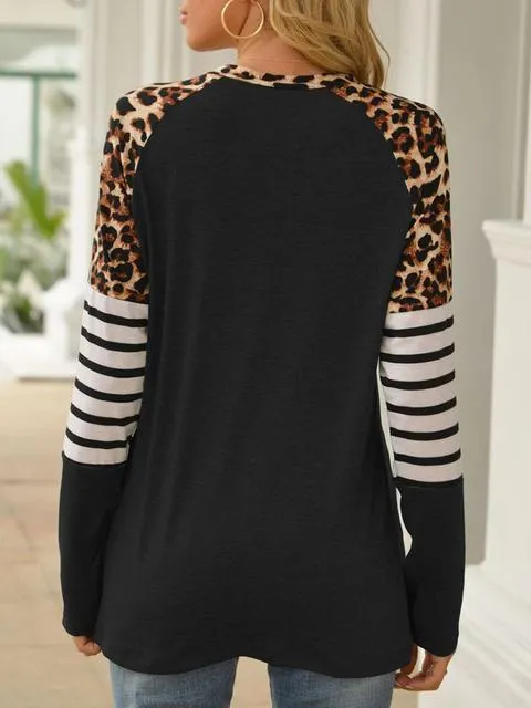 Leopard Stripe Stitching Raglan Sleeve T-shirt