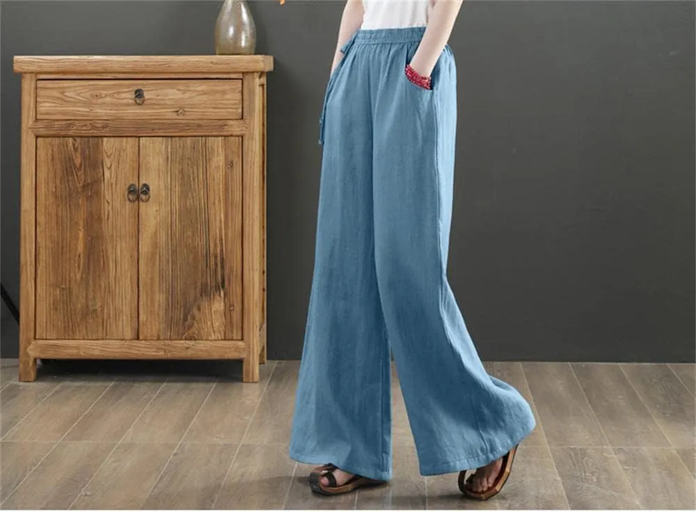 Les umes Women's Casual Wide Leg Long Pants High Waist Drawsting Loose Palazzo Pants Cotton Linen Beach Trousers